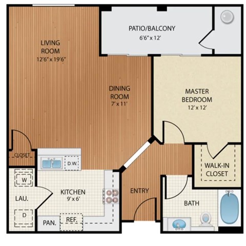 Floor plan for 1 bed, 1 bath, 895 sqft